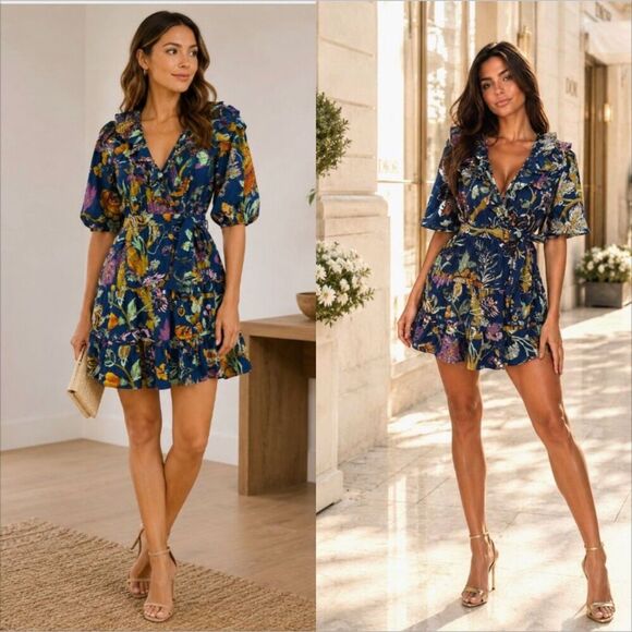 House of Harlow 1960 Dresses & Skirts - House of Harlow 1960 Floral Wrap Mini Dress Size Small Ruffle V-Neck Boho